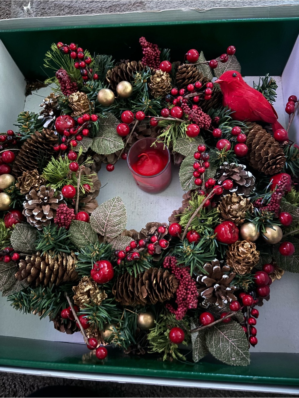 Kurt Adler Red Berry, Gold & Green Pinecone Wreath W/ 2 small candle wreaths